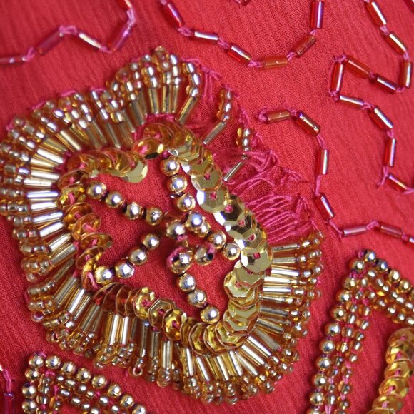 Vintage 80's Red and Gold Beaded Silk Top w/Shoulder Pads Size 12 - Picture 8 of 16